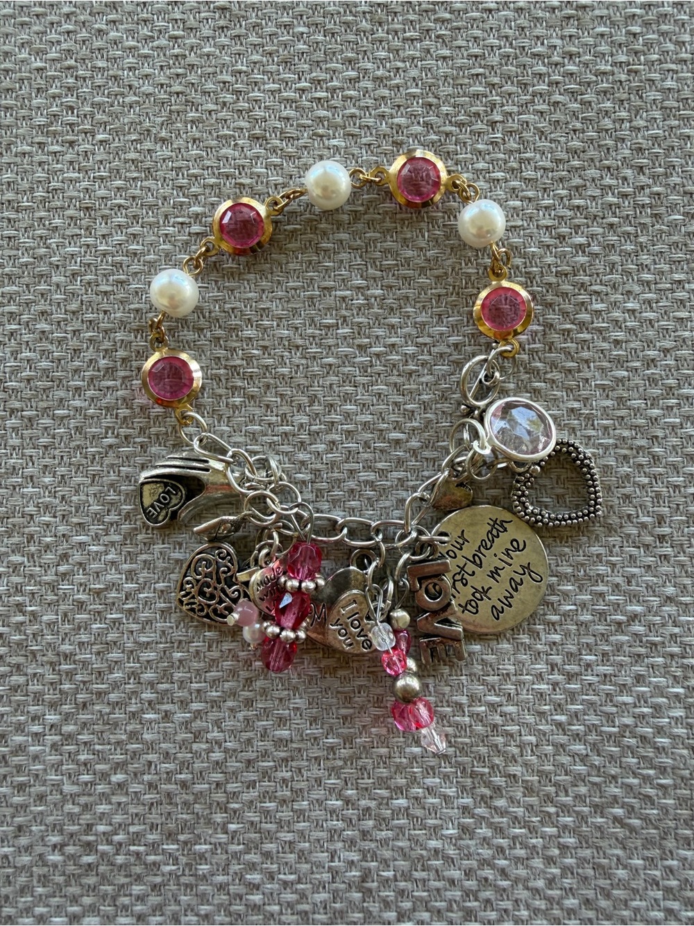 Multi Charm Beaded Bracelet Pink Beads Faux Pearl Spacers Daughter Themed Charms